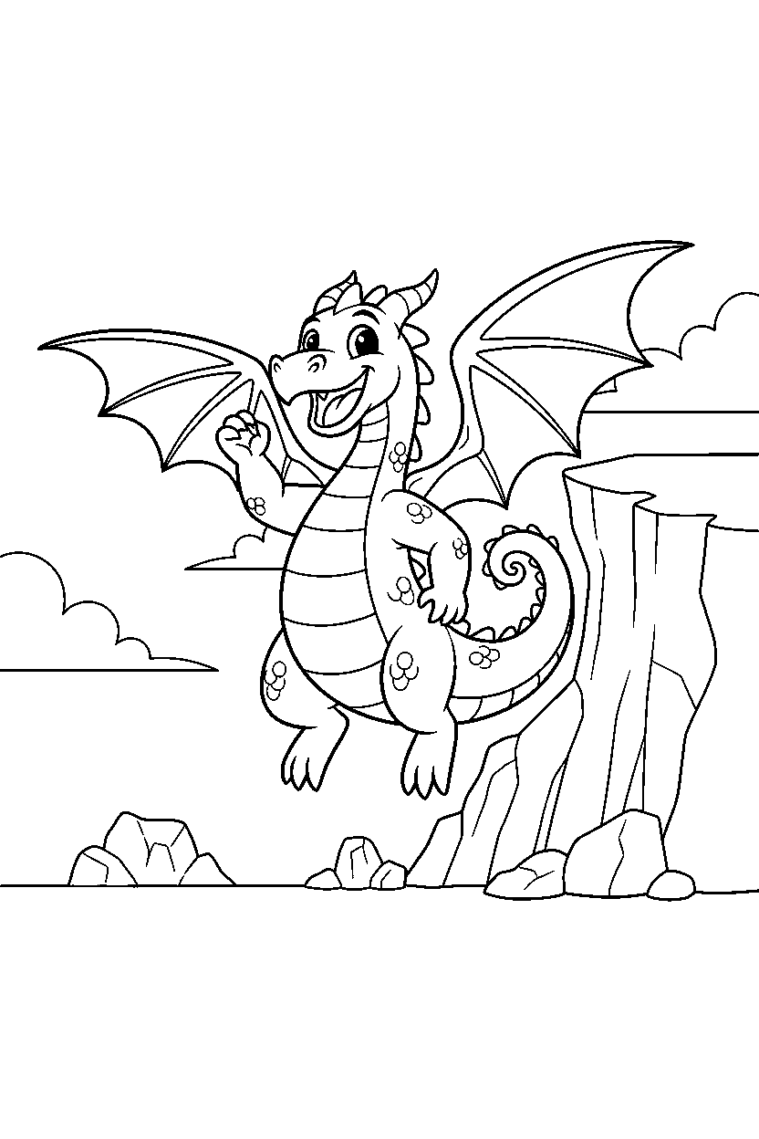 silver dragon celebrating happily near a rocky cliff line art
