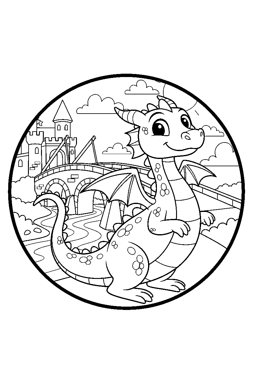 silver dragon exploring happily near a castle bridge line art