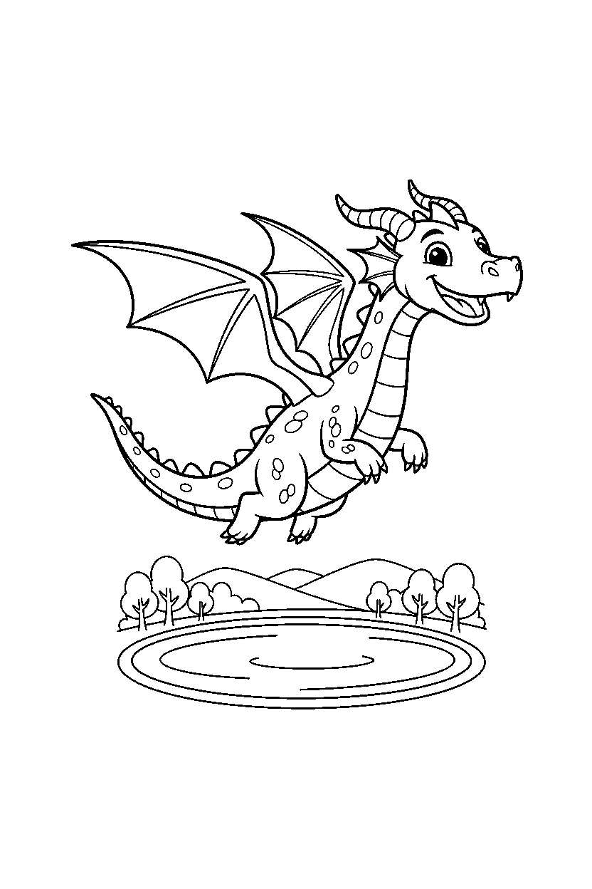 silver dragon flying happily near a peaceful lake line art