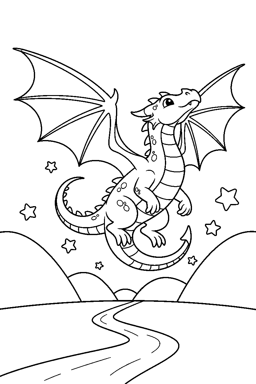 silver dragon getting ready to fly in a starry valley line art