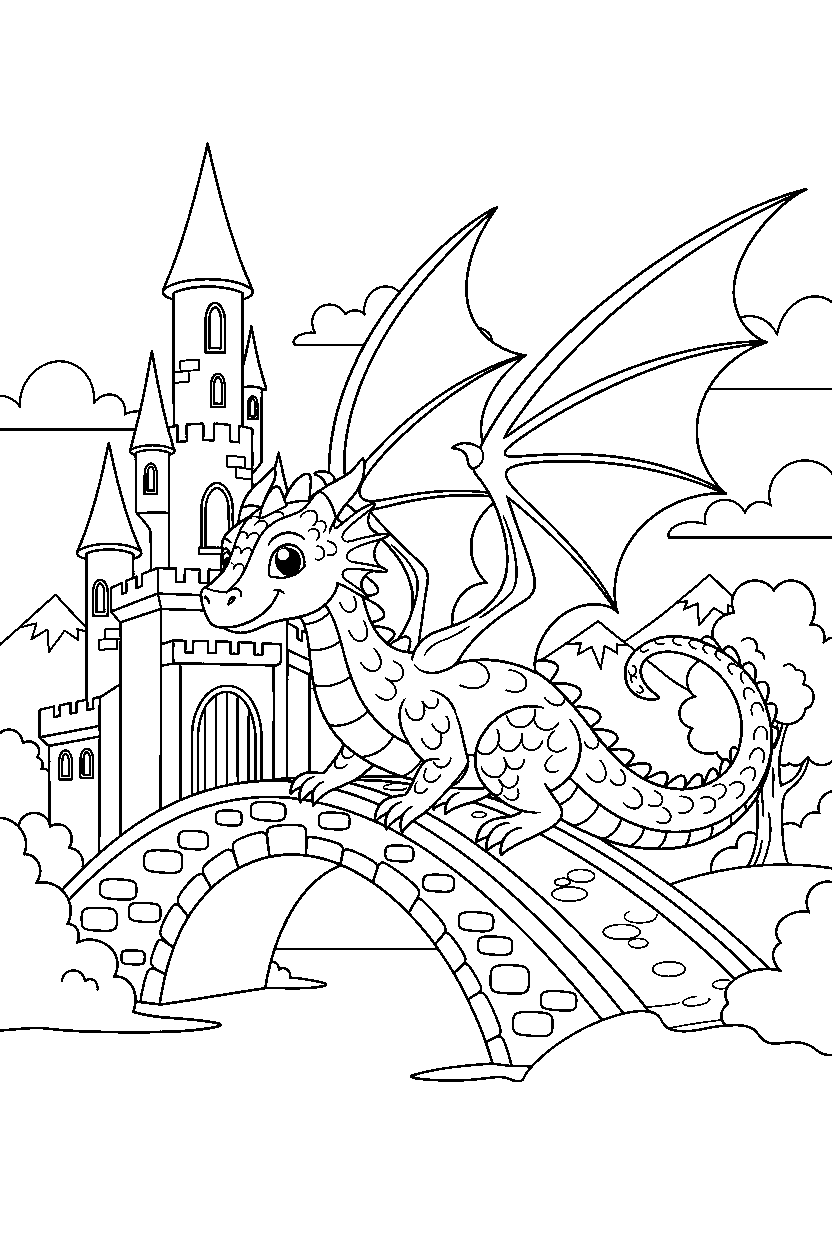 silver dragon getting ready to fly near a castle bridge line art
