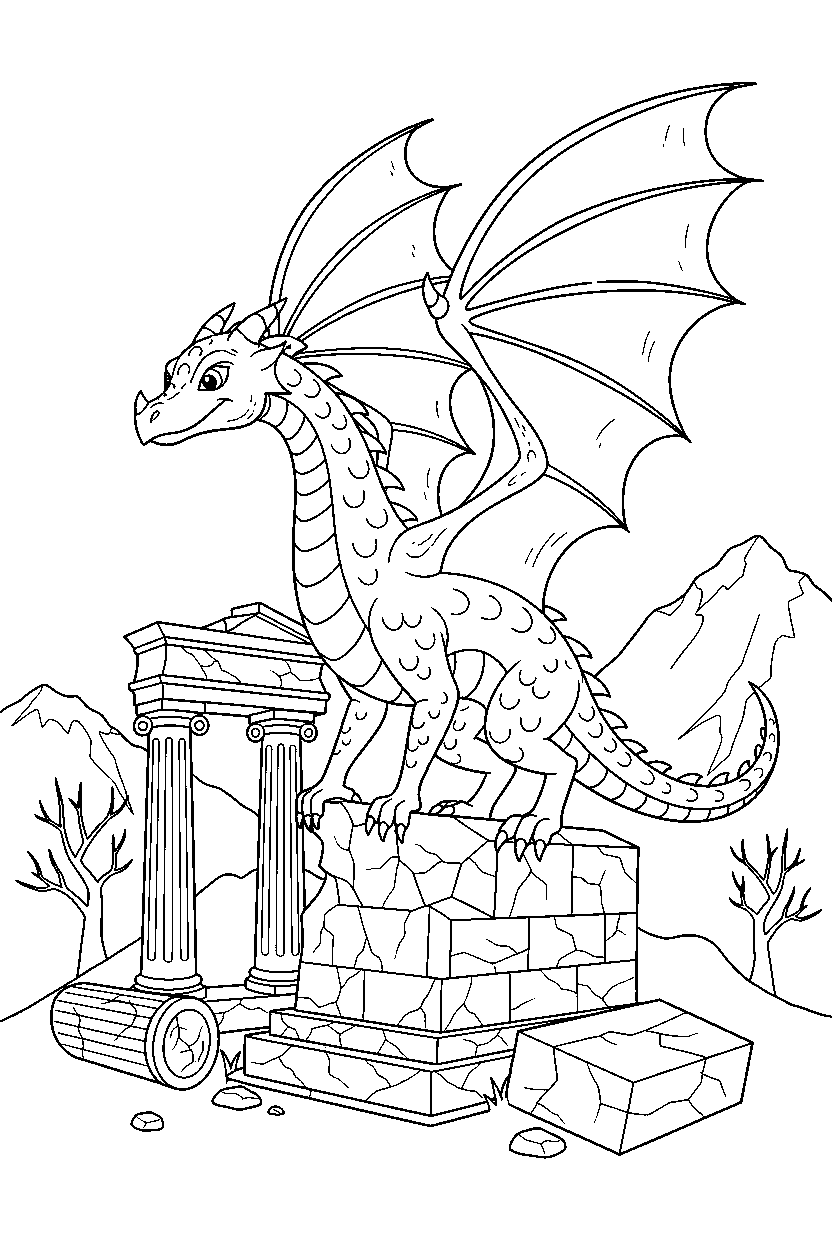silver dragon getting ready to fly near ancient ruins line art