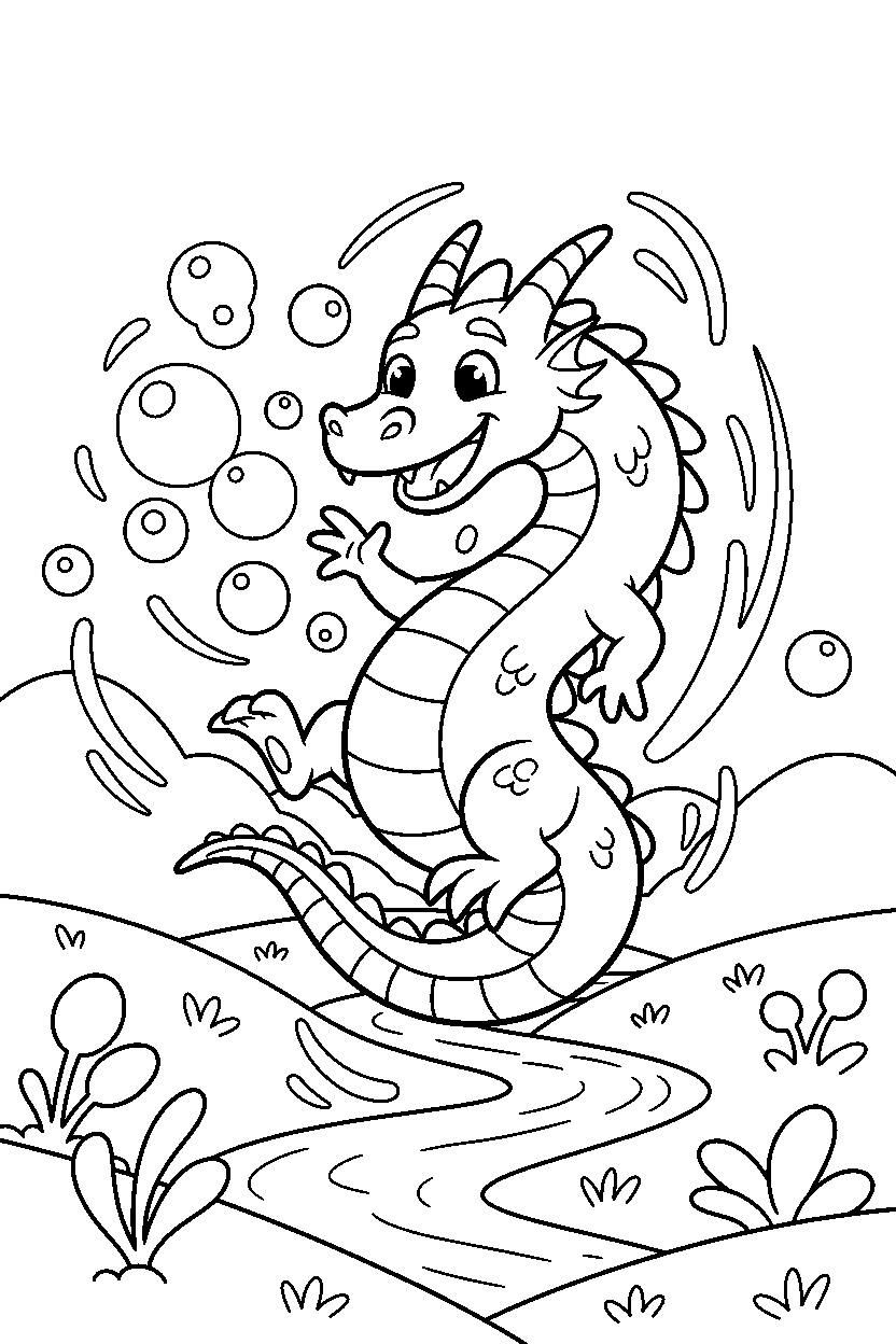 silver dragon playing happily in a glowing valley line art