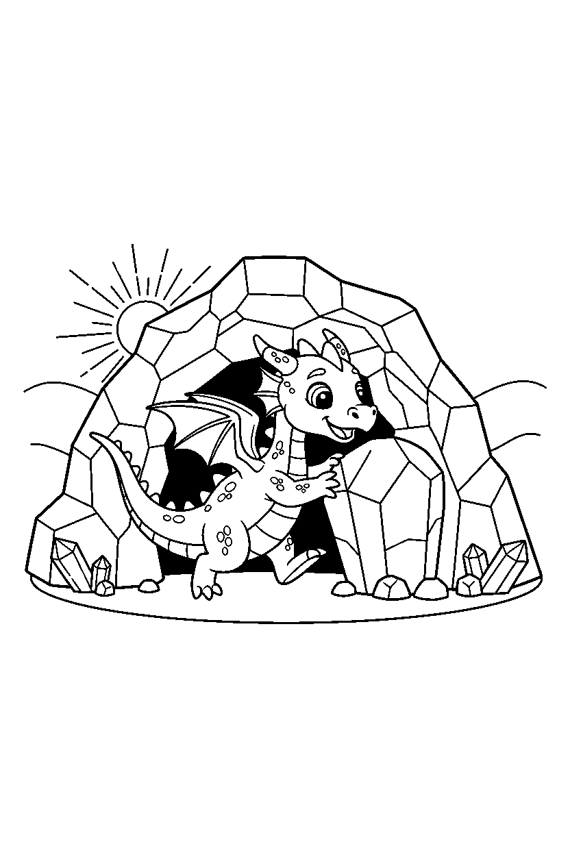 silver dragon playing happily near a crystal cave line art