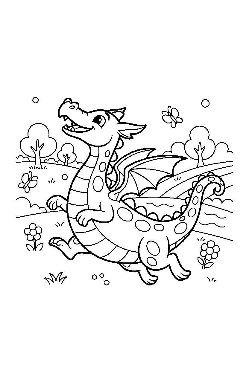 silver dragon running happily in a peaceful countryside line art