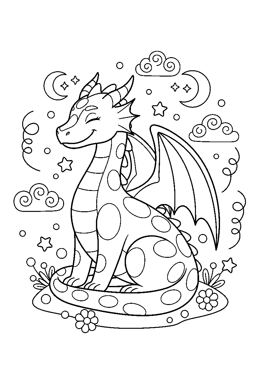 silver dragon sitting peacefully in a dream world line art