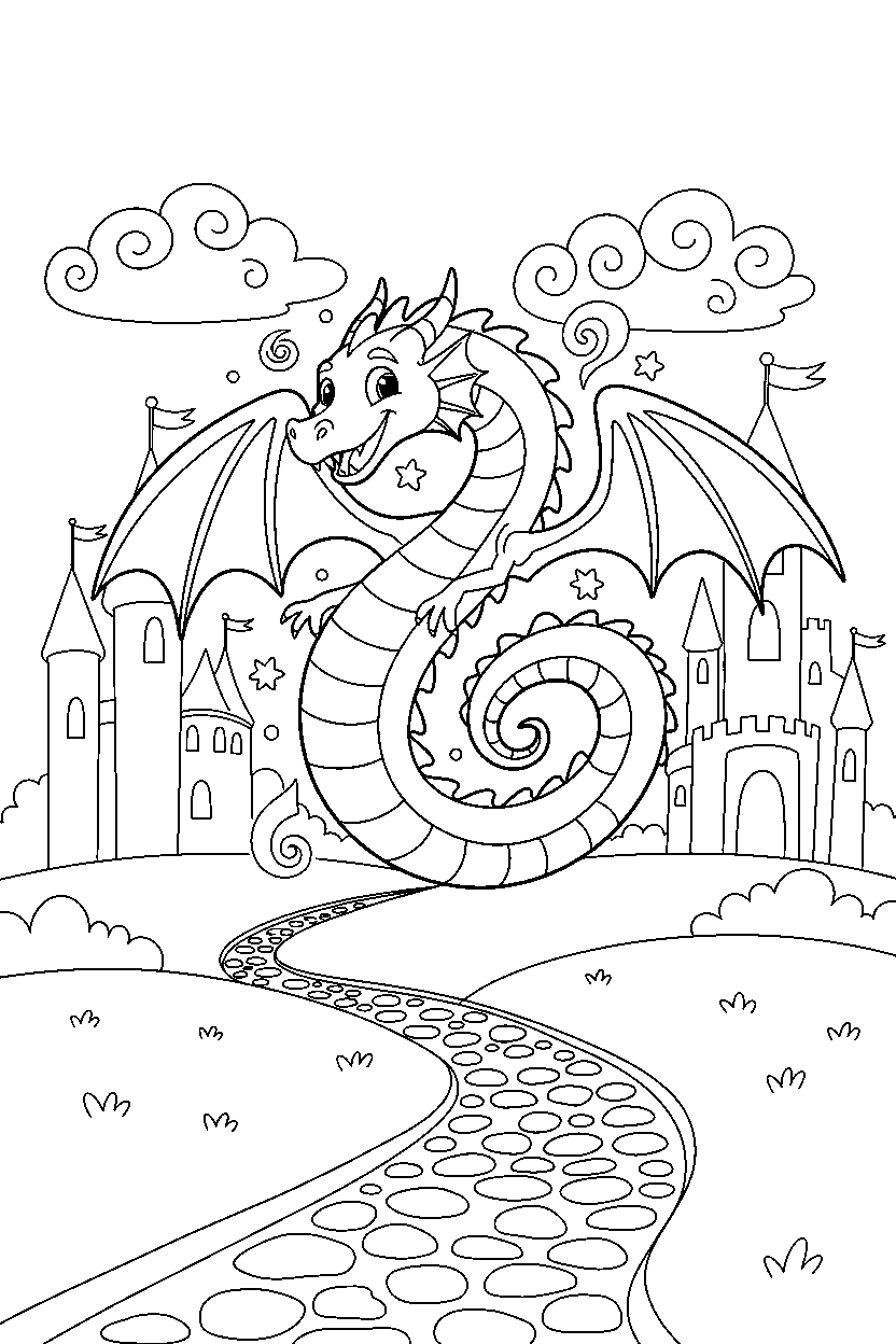silver dragon spinning happily in a magic kingdom line art