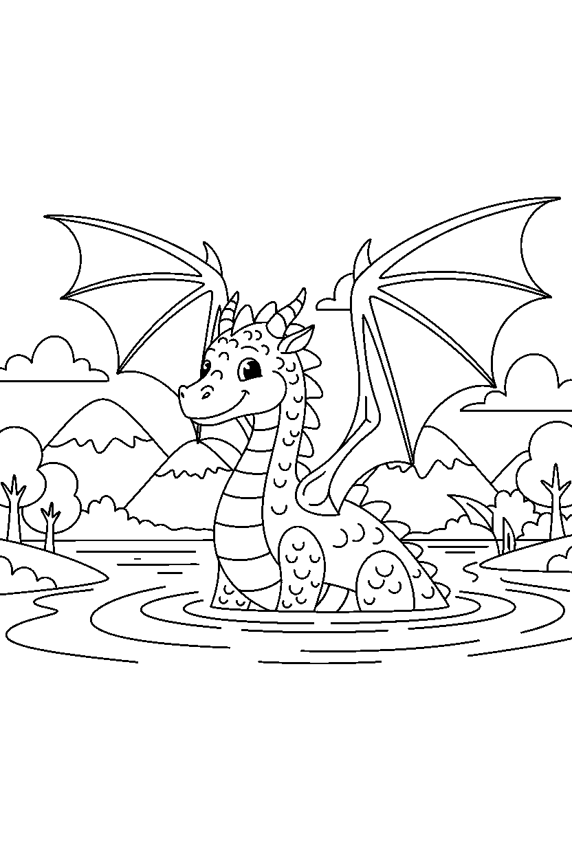 silver dragon spreading wings near a peaceful lake line art