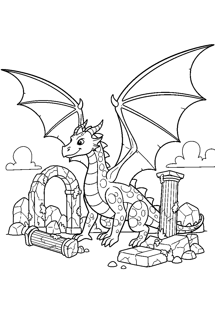 silver dragon spreading wings near ancient ruins line art