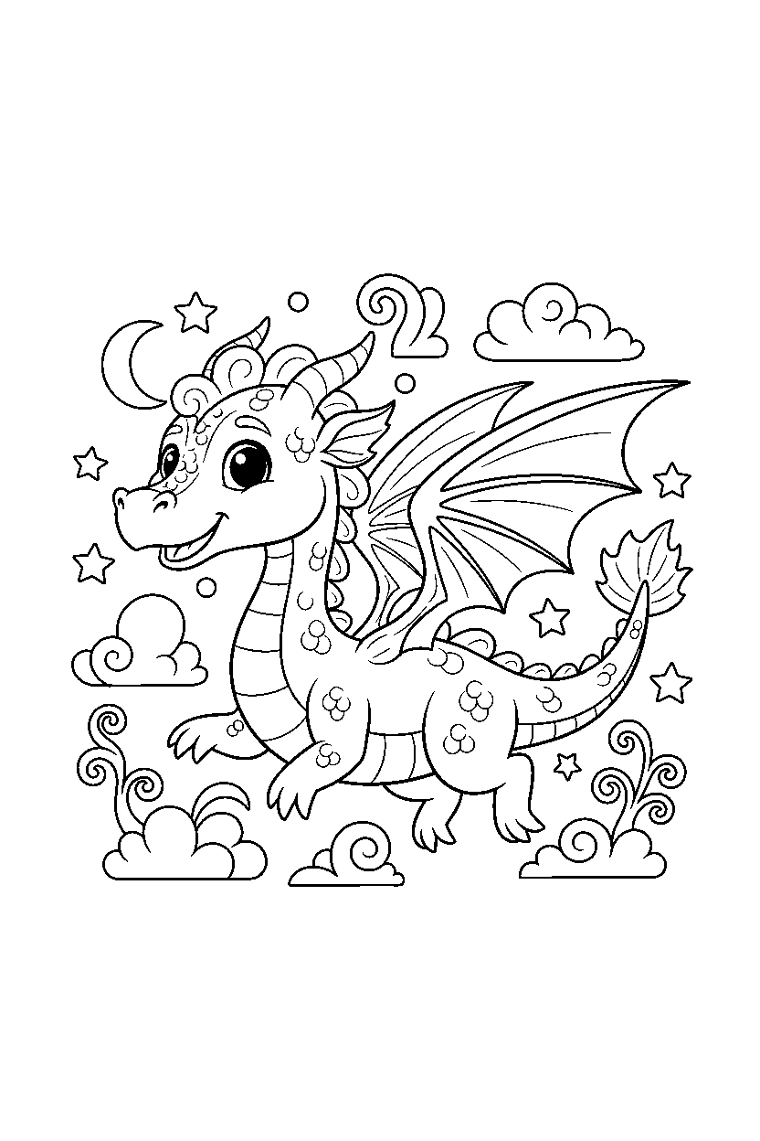 silver dragon trotting happily in a dream world line art