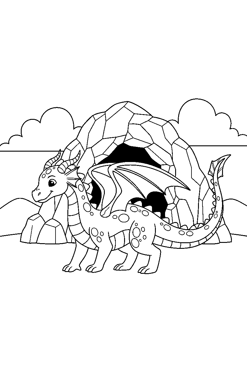 silver dragon walking gently near a mountain cave line art