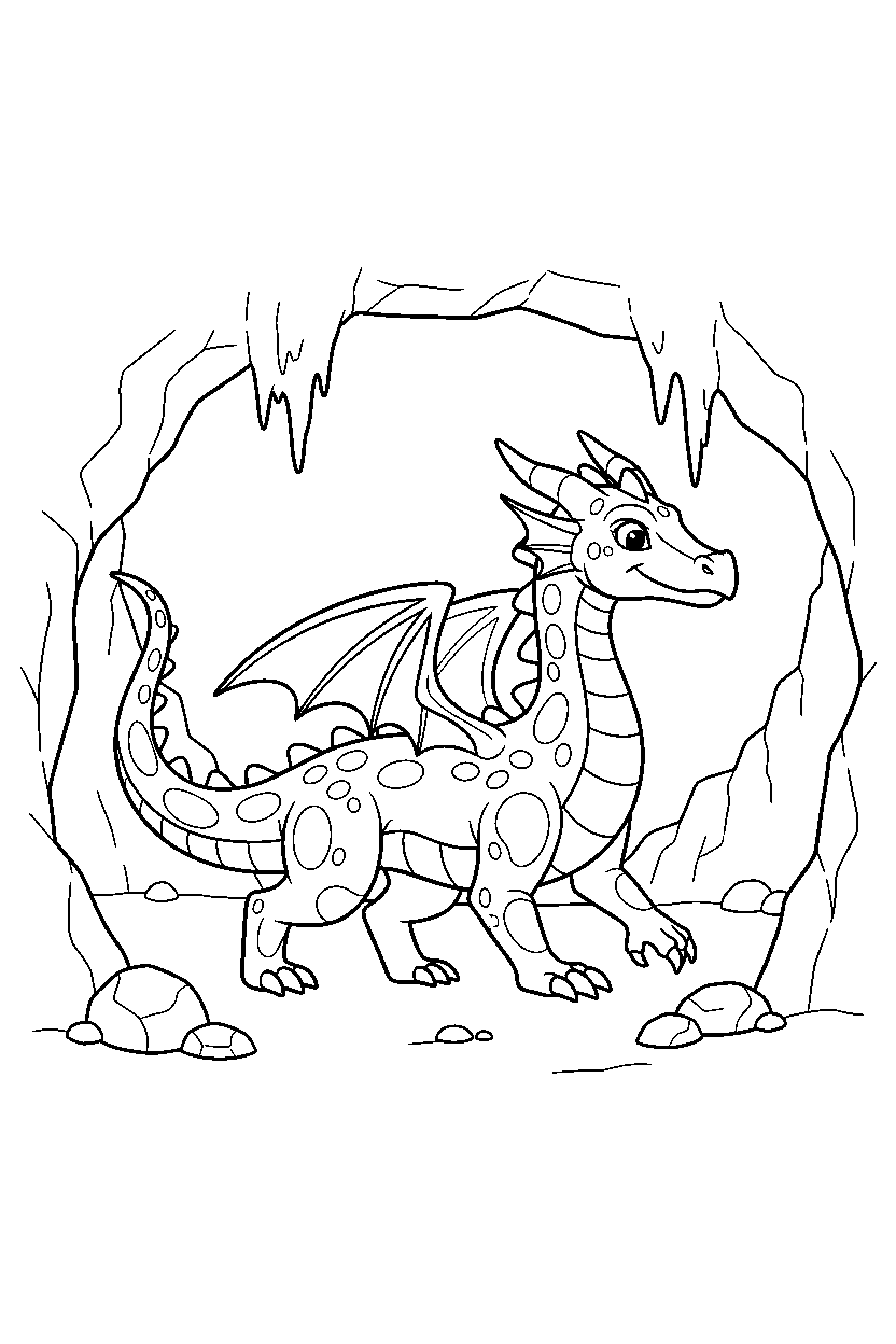 silver dragon walking proudly in a hidden cave line art
