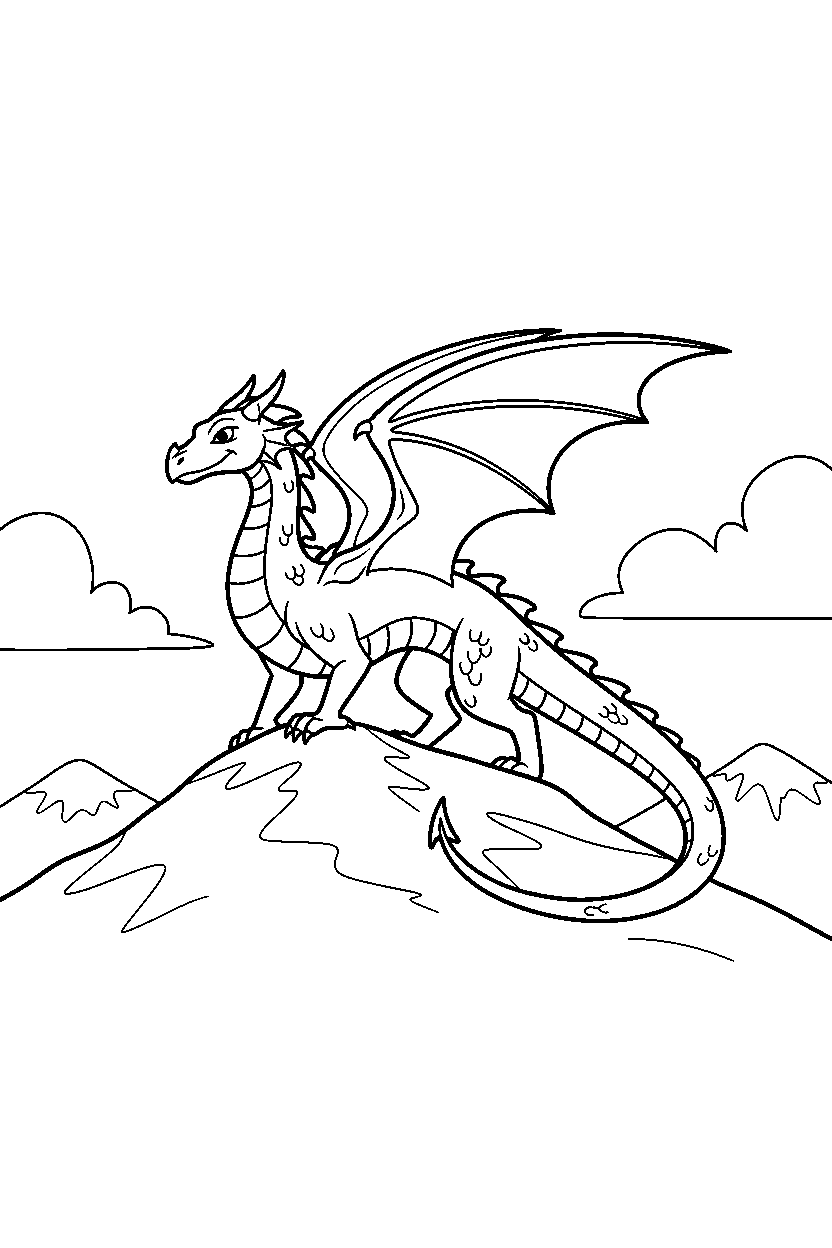 silver dragon walking proudly on a mountain hill line art