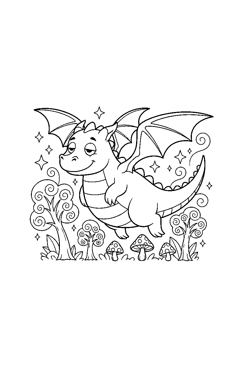 sleepy dragon flying happily in a magical forest line art