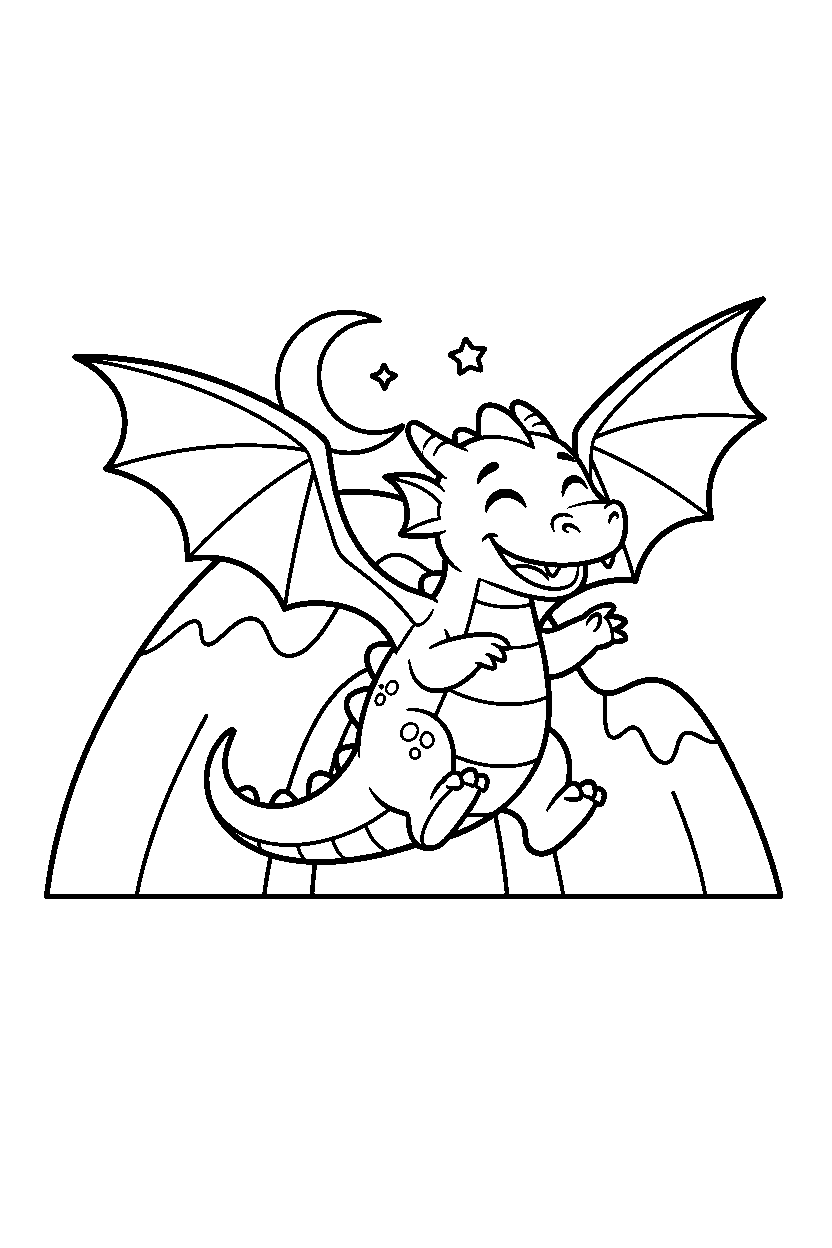 sleepy dragon jumping happily near a mountain cave line art