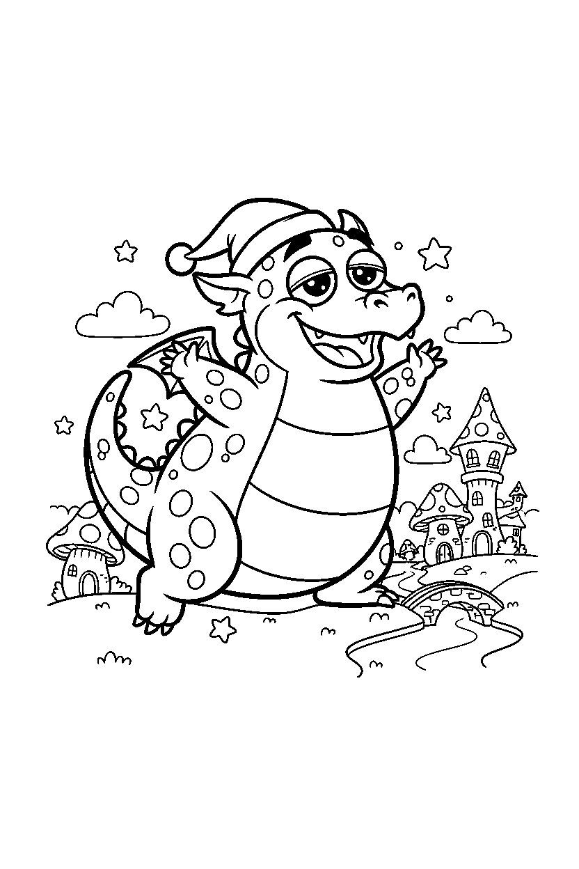sleepy dragon jumping with joy near a fantasy village line art