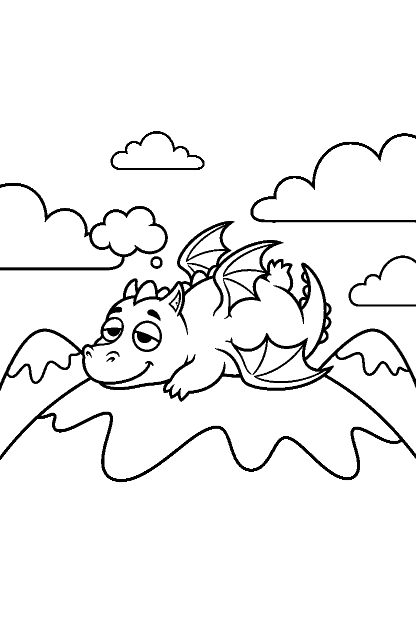 sleepy dragon playing happily on a mountain hill line art