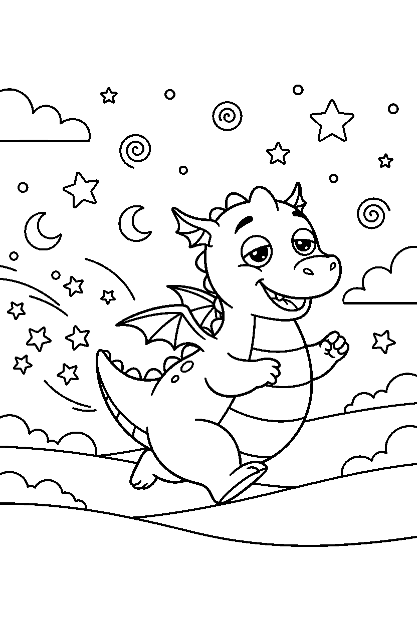 sleepy dragon running happily in a starry valley line art