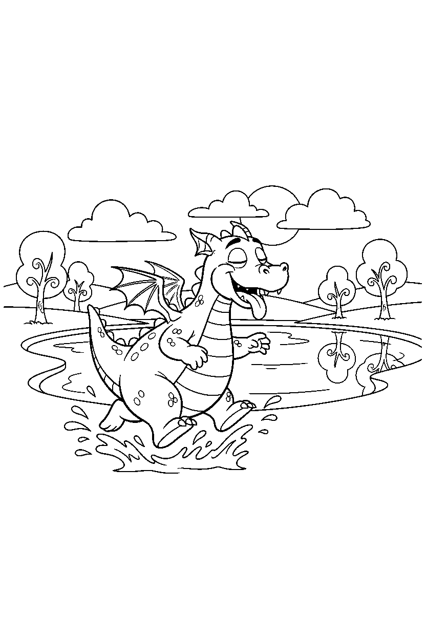 sleepy dragon running happily near a peaceful lake line art