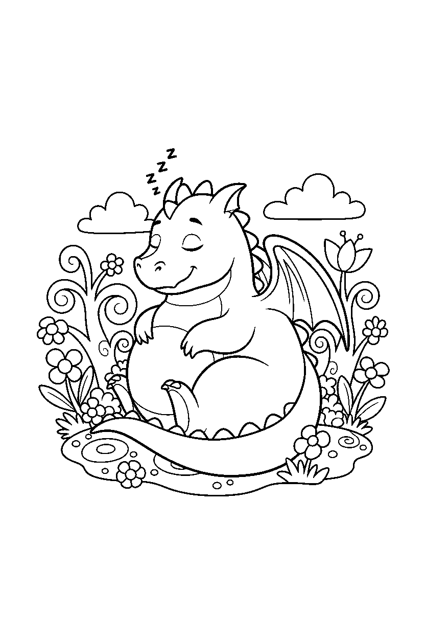 sleepy dragon sitting peacefully in a colorful world line art