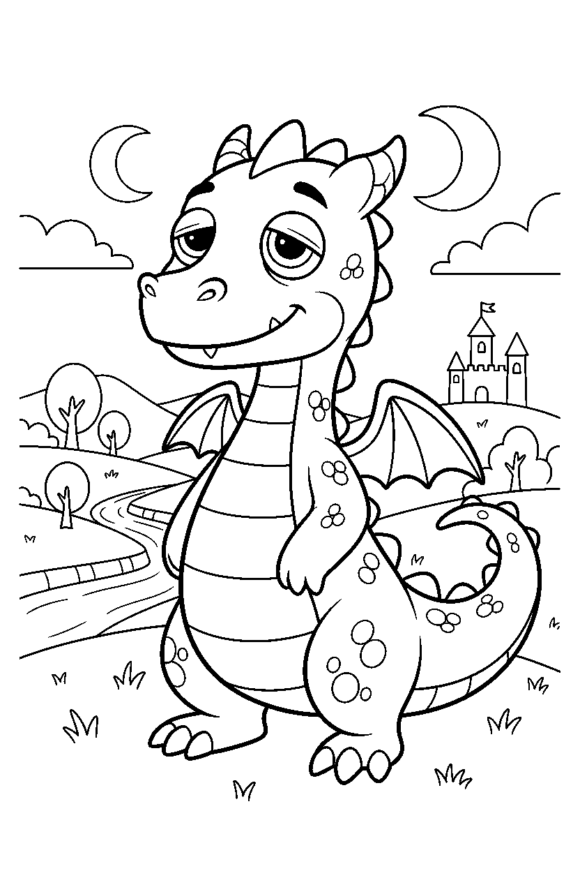 sleepy dragon standing bravely in a peaceful countryside line art