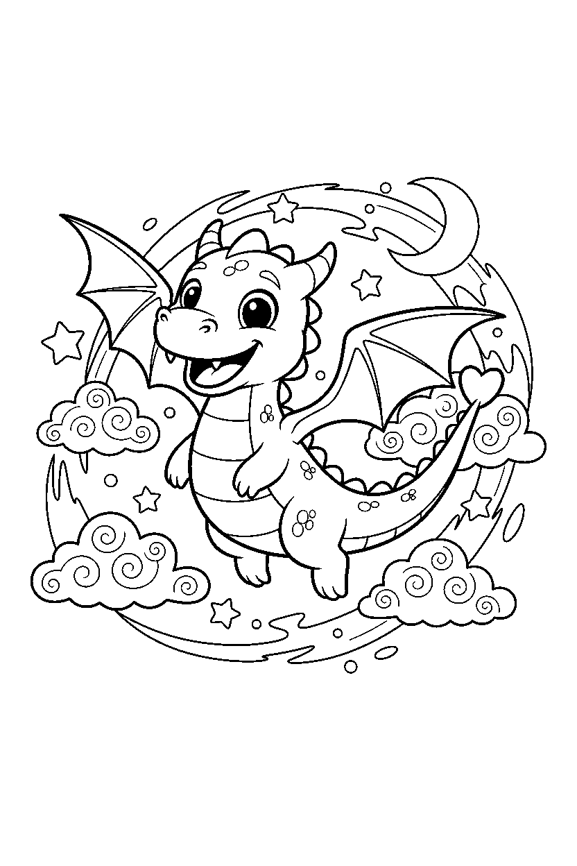 smiling dragon flying happily in a dream world line art