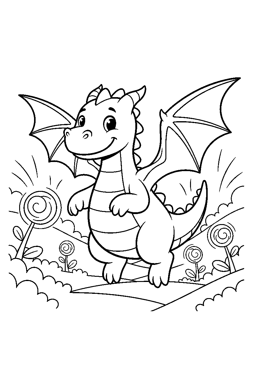 smiling dragon getting ready to fly in a glowing valley line art