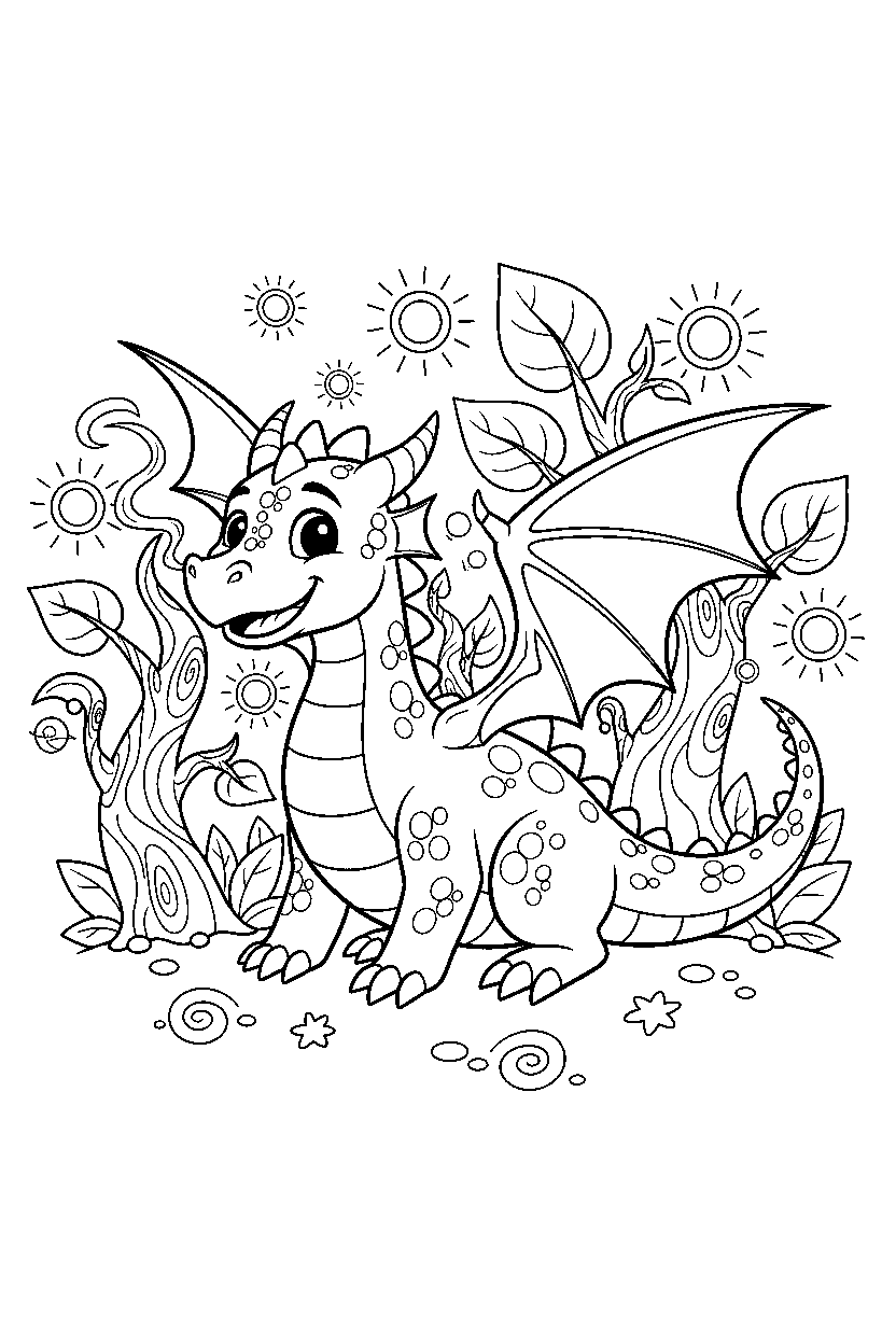 smiling dragon getting ready to fly in a magical forest line art