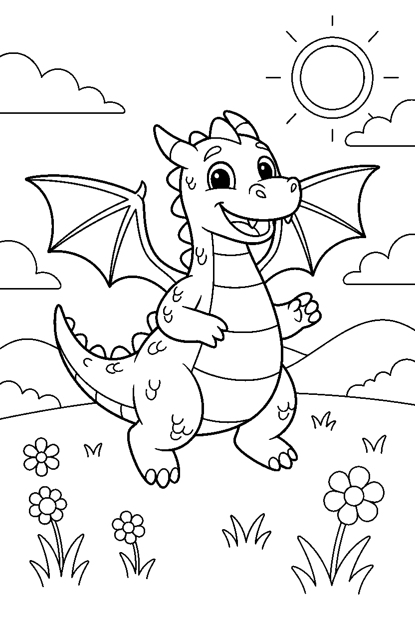 smiling dragon getting ready to fly on a sunny meadow line art
