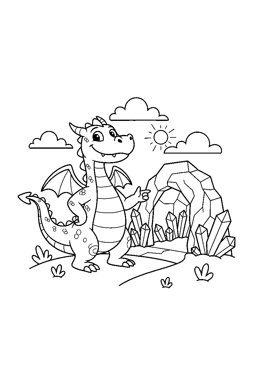 smiling dragon posing proudly near a crystal cave line art