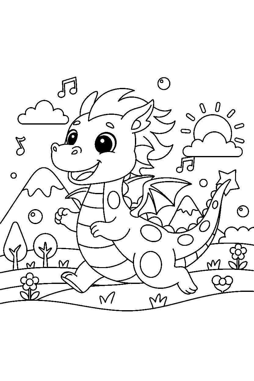 smiling dragon running happily in a colorful world line art