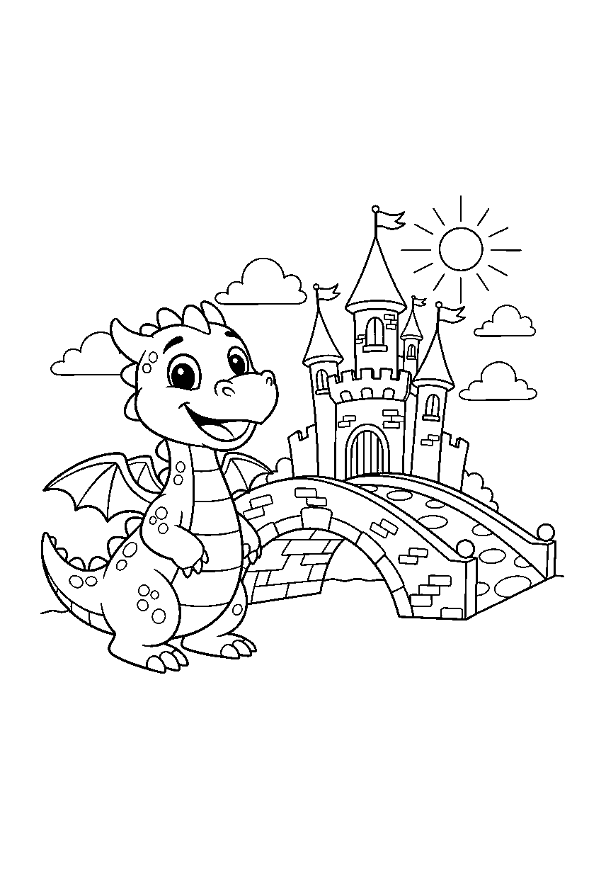 smiling dragon smiling happily near a castle bridge line art