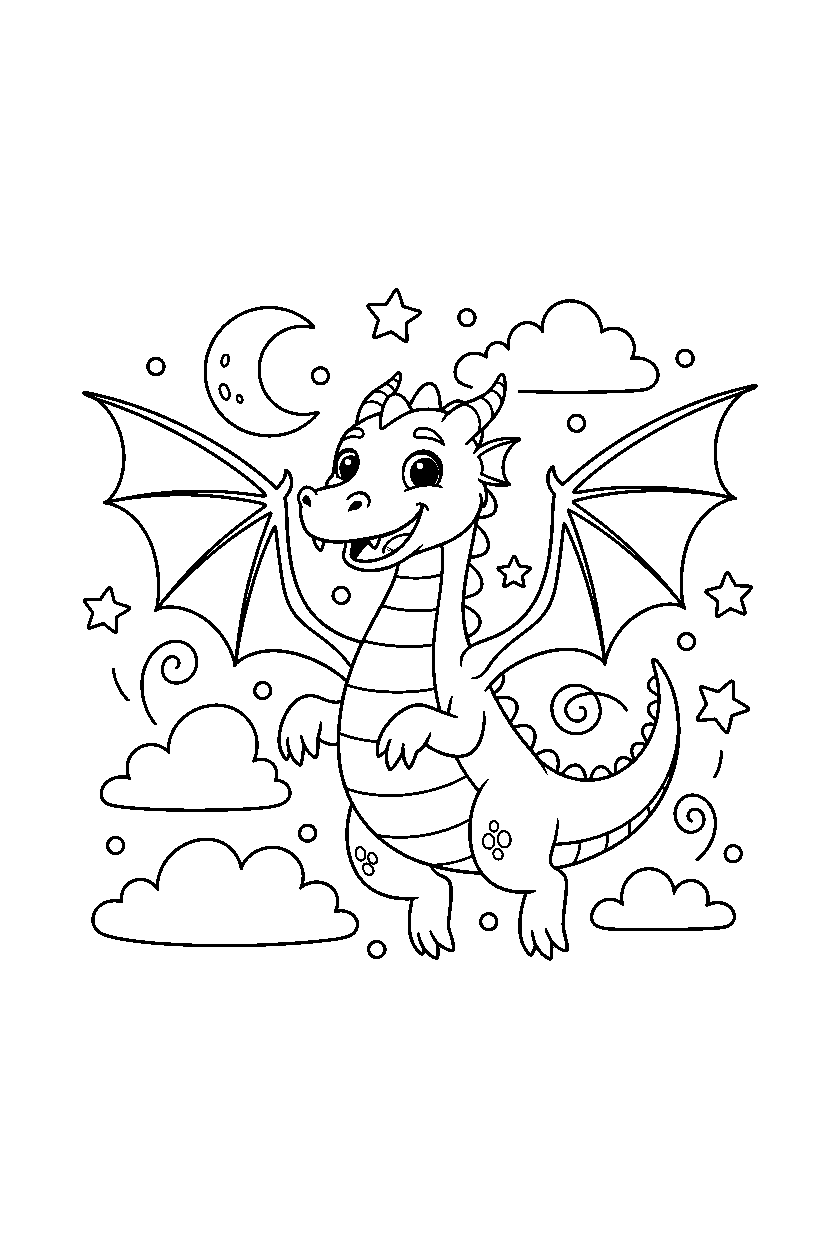 smiling dragon spreading wings in a dream world line art