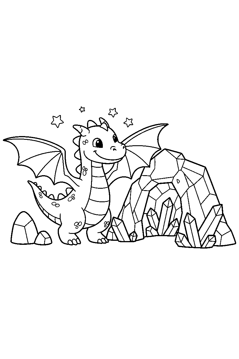 smiling dragon spreading wings near a crystal cave line art