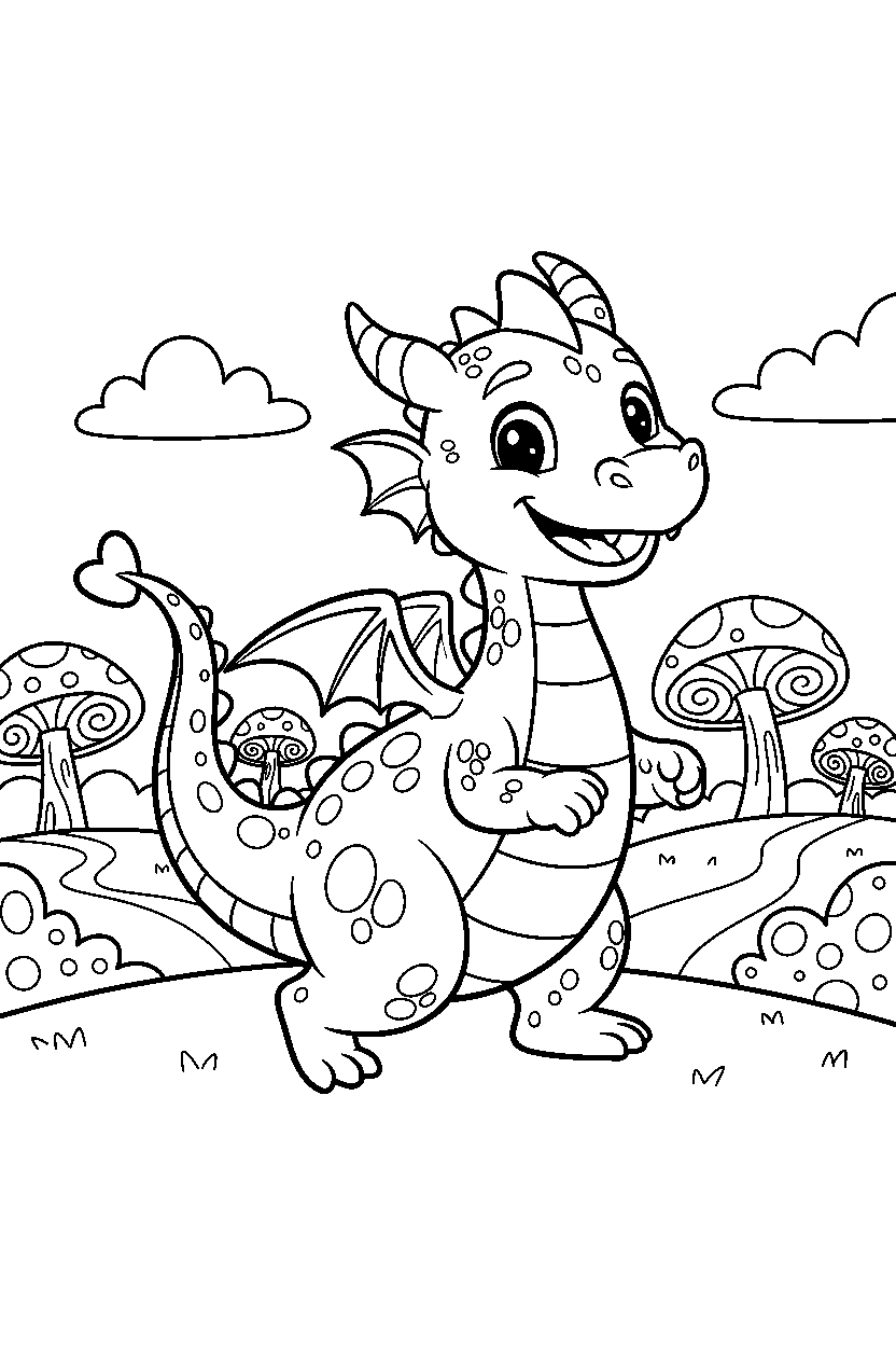 smiling dragon walking happily in a fantasy land line art