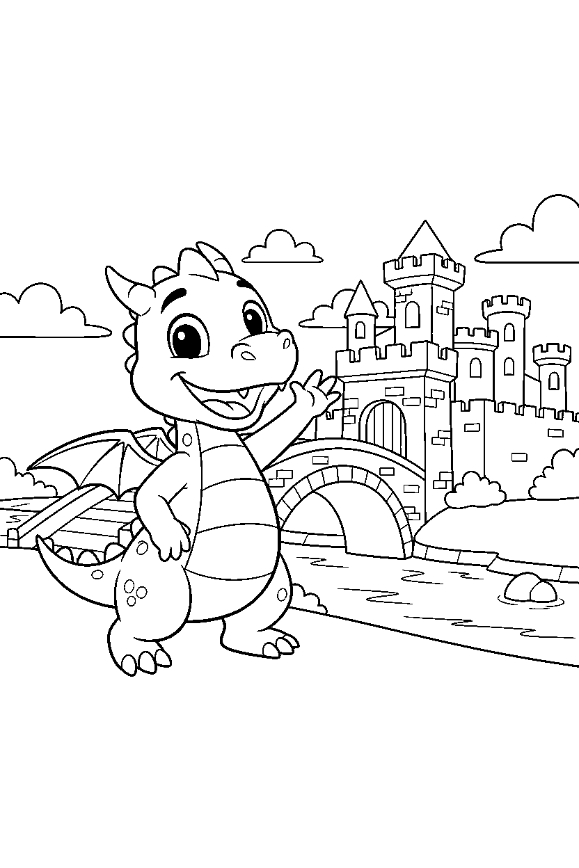 smiling dragon waving happily near a castle bridge line art
