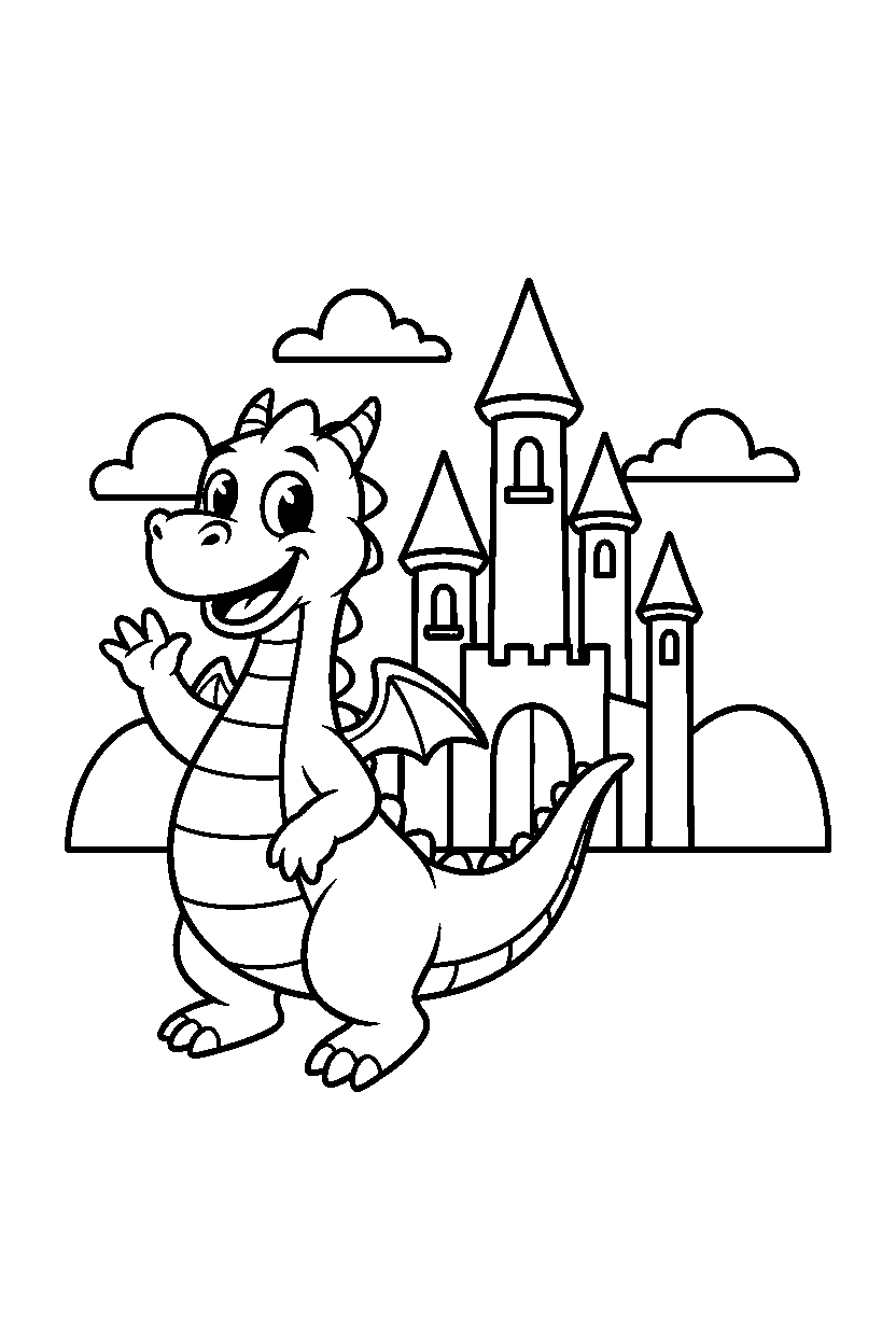 smiling dragon waving happily near a castle line art