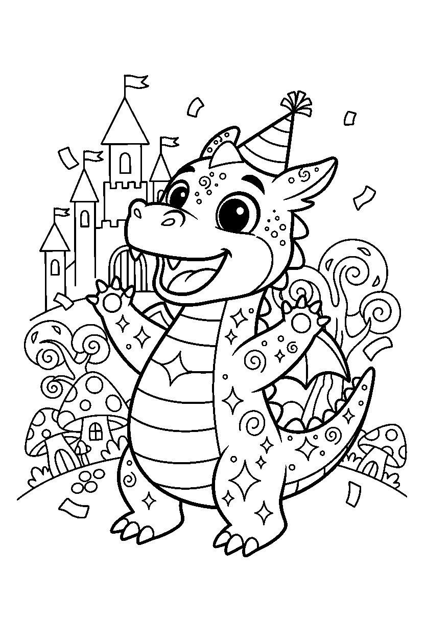 sparkle dragon celebrating happily in a fantasy land line art