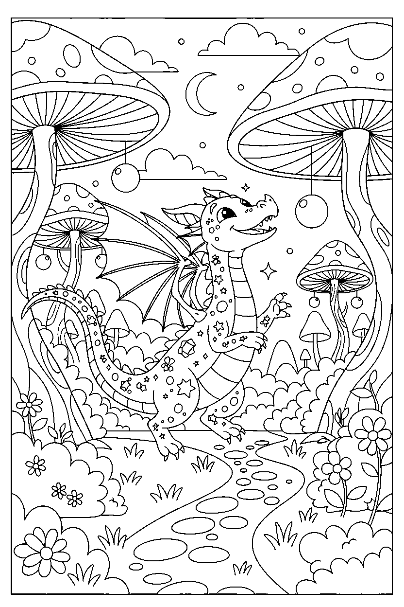 sparkle dragon exploring happily in a magical forest line art