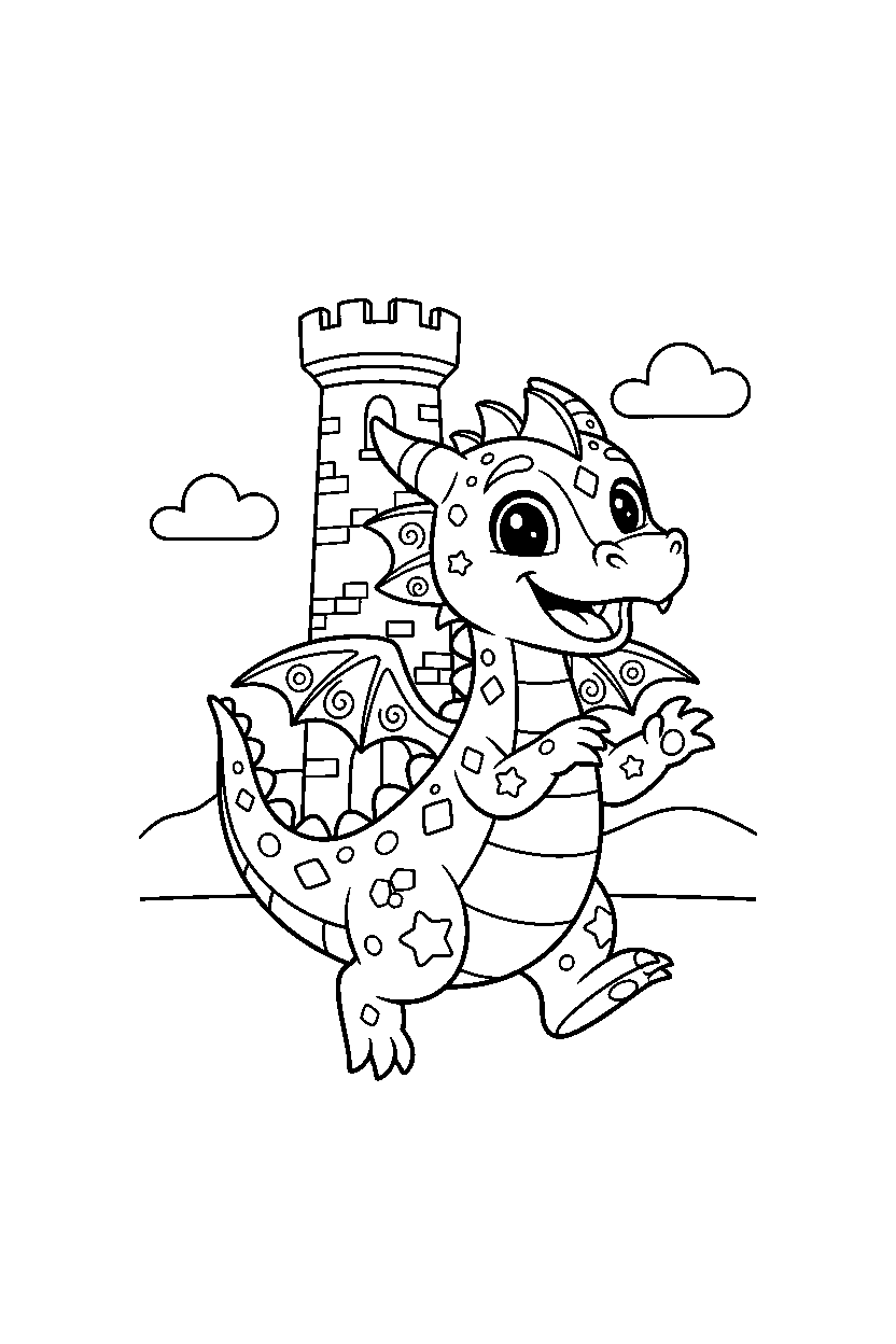 sparkle dragon exploring happily near a castle tower line art