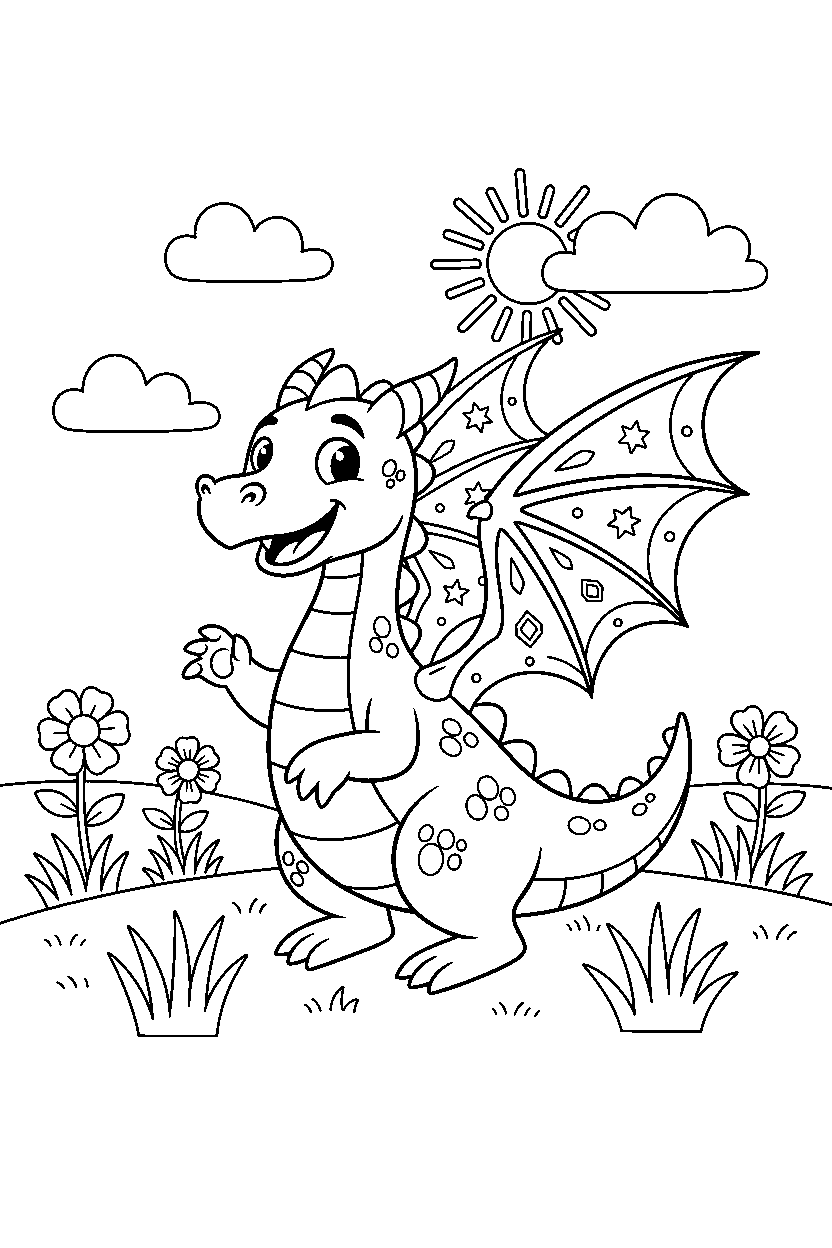 sparkle dragon exploring happily on a sunny meadow line art