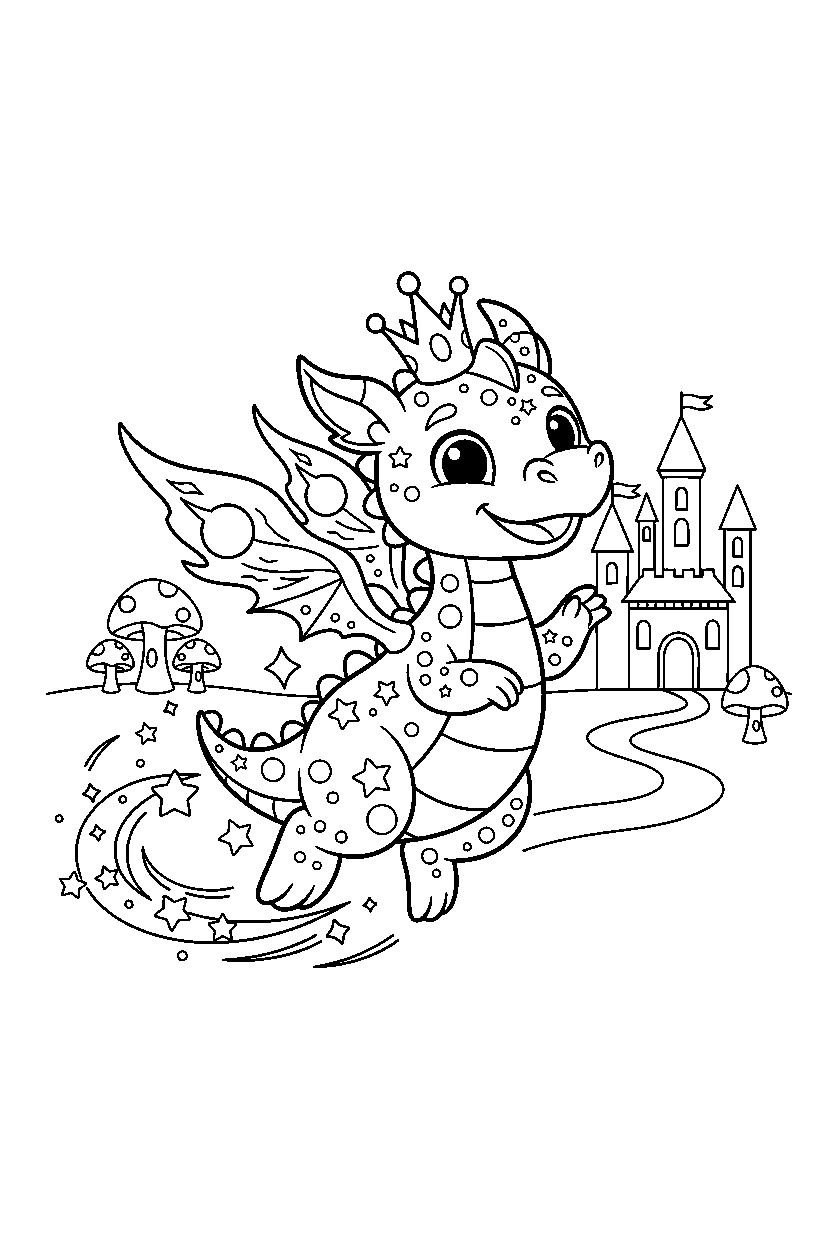 sparkle dragon jumping happily in a magic kingdom line art