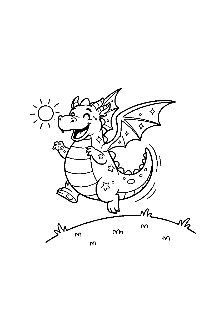 sparkle dragon jumping happily on a bright hill line art