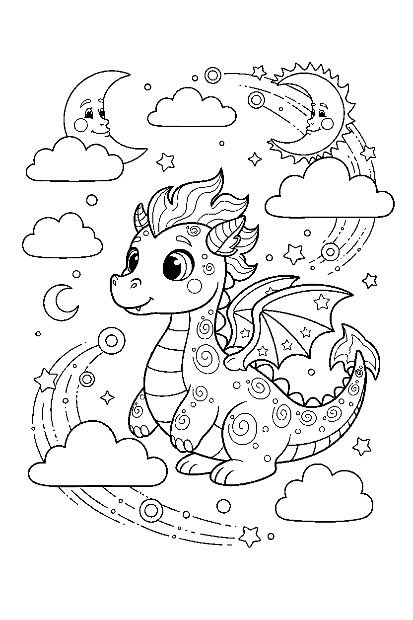sparkle dragon looking around in a dream world line art