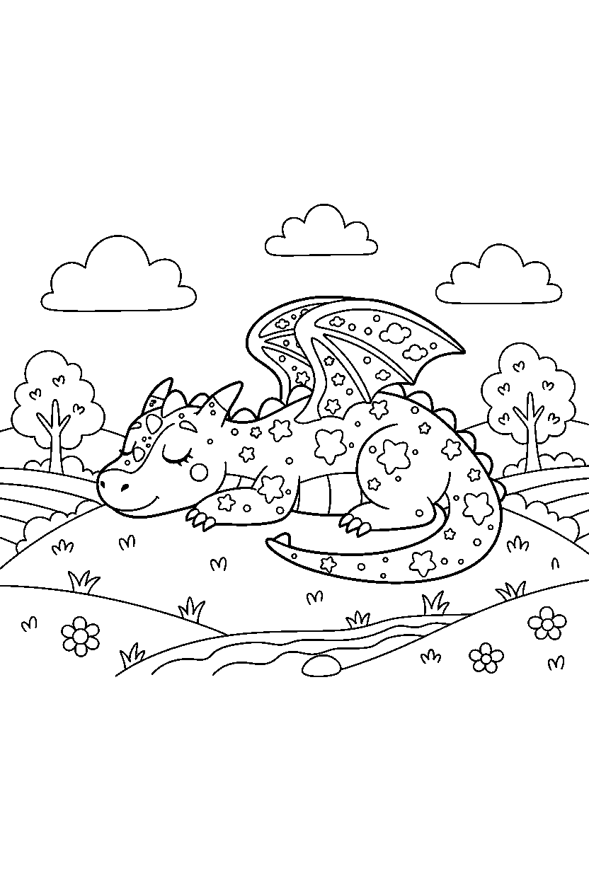 sparkle dragon relaxing peacefully in a peaceful countryside line art