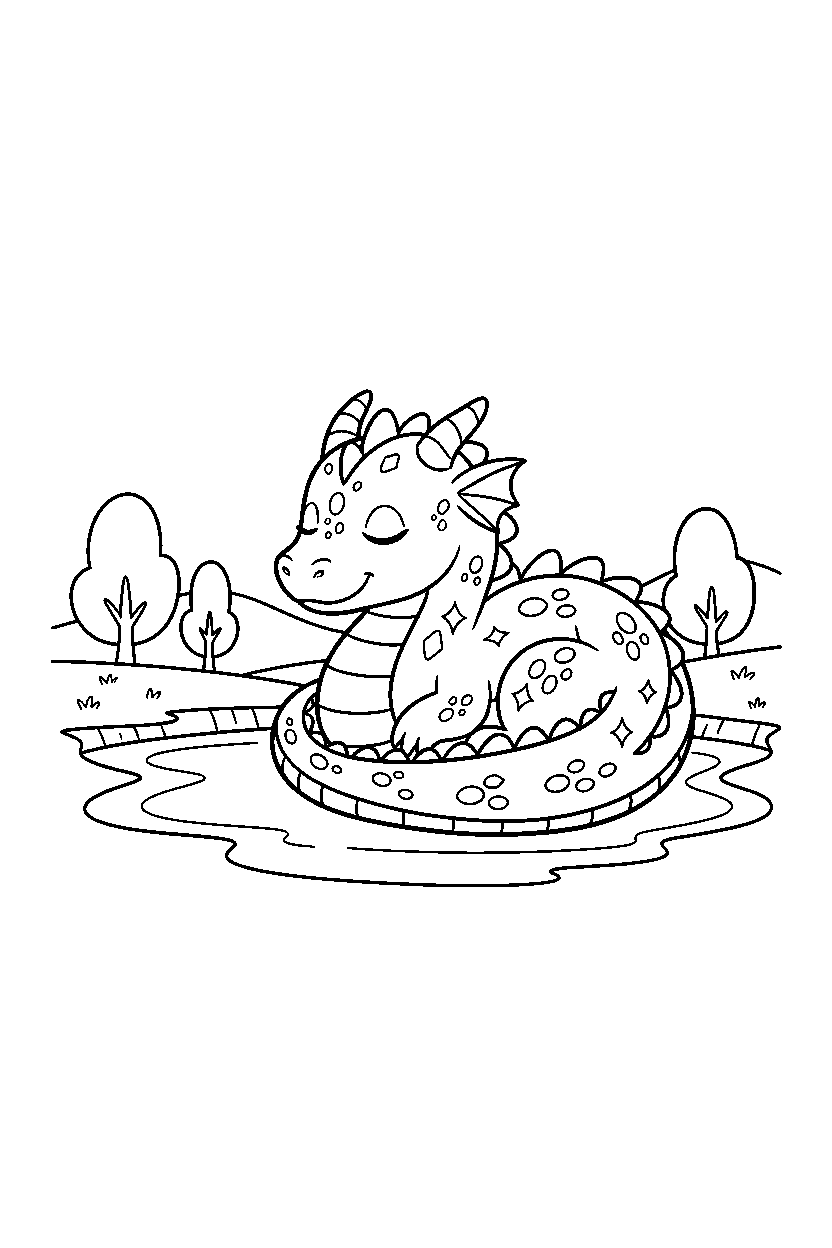 sparkle dragon resting peacefully near a peaceful lake line art