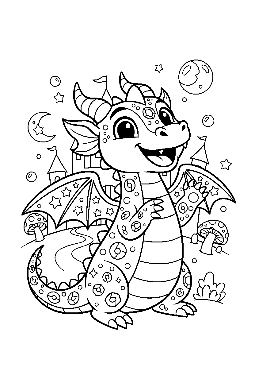 sparkle dragon smiling happily in a magic kingdom line art