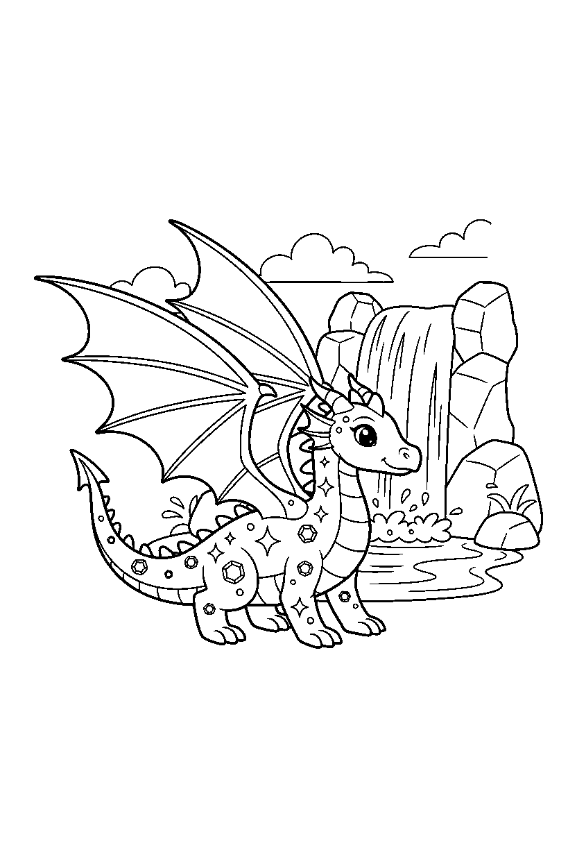 sparkle dragon spreading wings near a waterfall line art