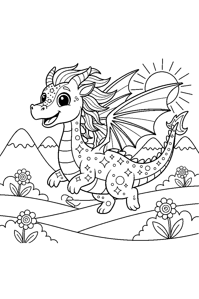 sparkle dragon trotting happily in a glowing valley line art