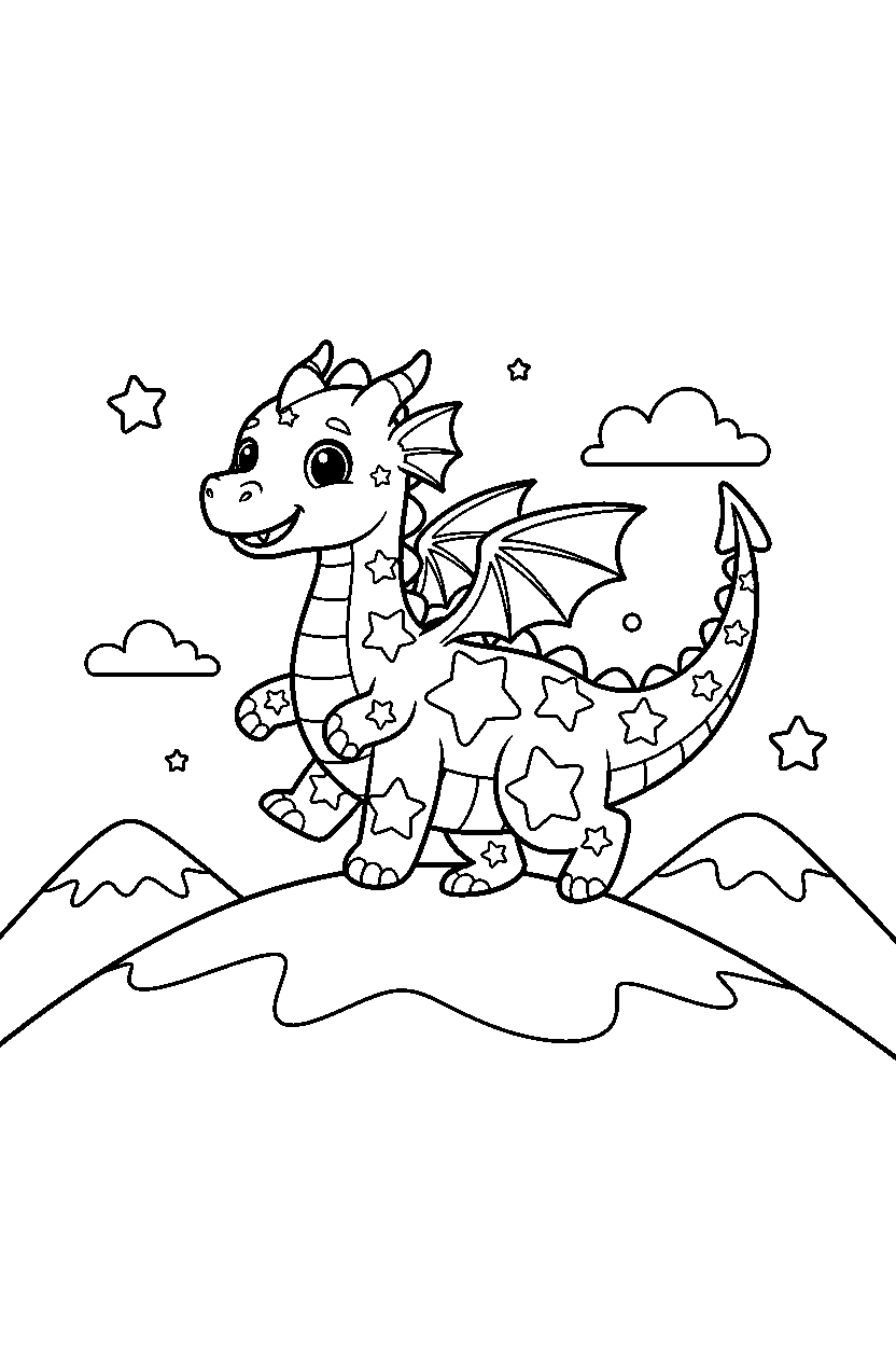 sparkle dragon walking happily on a mountain hill line art